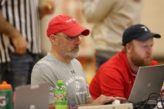 Nadeau back on the keyboard inputting another volleyball match.